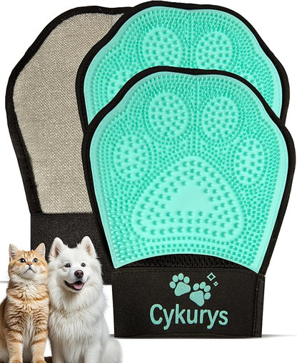 Cykurys Pet Hair Removal Glove for Dogs & Cats(2-Pack), 2-in-1 Double-Sided Pet Grooming Glove, Electrostatic Pet Hair Remover Glove for Clothes & Furniture + Silicone Brush for Deshedding Pets