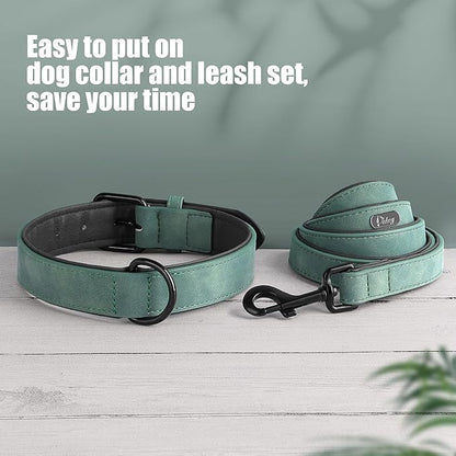 Didog Soft Padded Leather Dog Collar and Leash Set, Adjustable and Breathable Pet Collars with 4FT PU Leather Dog Leash for Small Medium Large Dogs, Green, XL