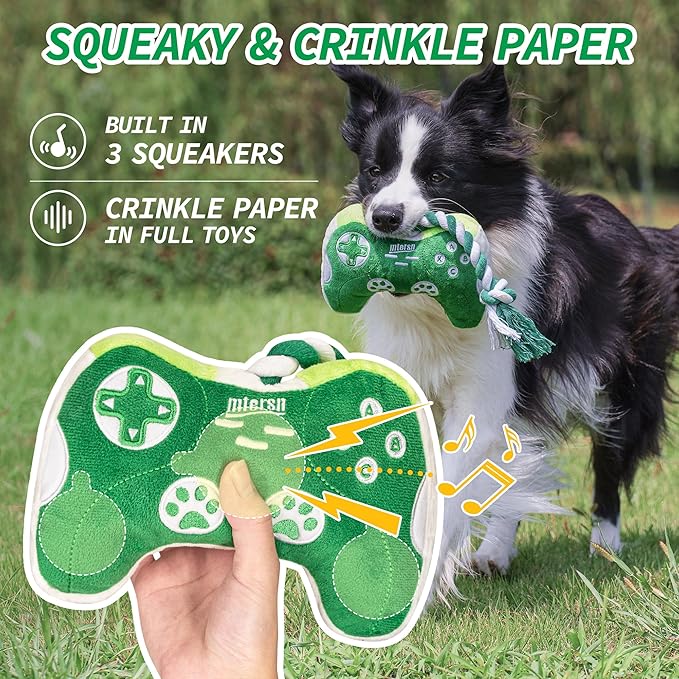 MTERSN Squeaky Dog Toys : Interactive Dog Plush Toy with Full Crinkle Paper and Cute Puppy Chew Toys with Rope - Funny Gaming Controller Shape Dogs Birthday Gift (Green)