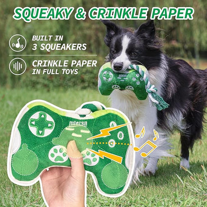 MTERSN Squeaky Dog Toys : Interactive Dog Plush Toy with Full Crinkle Paper and Cute Puppy Chew Toys with Rope - Funny Gaming Controller Shape Dogs Birthday Gift (Green)