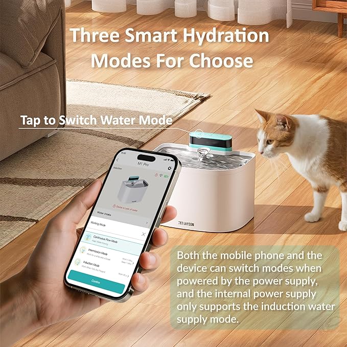 PET LAYSON Pumpless Cat Water Fountain,App Remote Control Smart Cordless Battery Operated 3.6L/122oz Wireless 2.4GHz Wi-Fi Networks Rechargeable Water Dispenser (Pink, M1Pro-8 Filter)