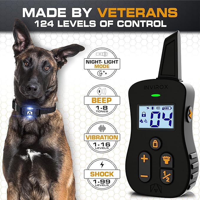 INVIROX Ultra K9 Dog Training Collar, 124 Levels for Reactive, Stubborn or Hard-to-Train Dogs, Long Range ¾ Mile, Night-Light Mode, Safe Communication, IP67 Waterproof E Collar for Large Dogs
