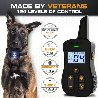 INVIROX Ultra K9 Dog Training Collar, 124 Levels for Reactive, Stubborn or Hard-to-Train Dogs, Long Range ¾ Mile, Night-Light Mode, Safe Communication, IP67 Waterproof E Collar for Large Dogs
