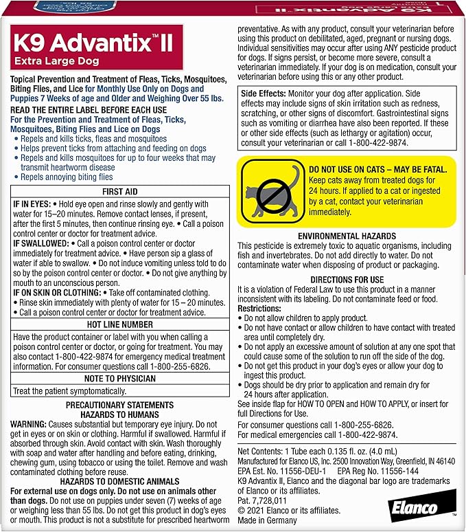 K9 Advantix II XL Dog Vet-Recommended Flea, Tick & Mosquito Treatment & Prevention | Dogs Over 55 lbs. | 1-Mo Supply (Pack of 3)