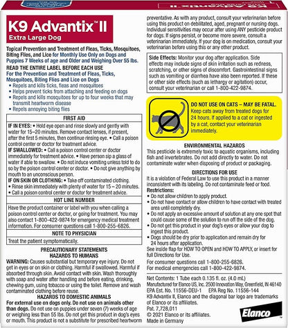 K9 Advantix II XL Dog Vet-Recommended Flea, Tick & Mosquito Treatment & Prevention | Dogs Over 55 lbs. | 1-Mo Supply (Pack of 3)