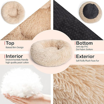 Calming Donut Dogs Beds for Small Dogs Washable,19inch Fluffy Round Puppy Bed for Puppies,Cats & Toy Breeds with Raised Rim,Fits up to 15 lbs Pets,Beige