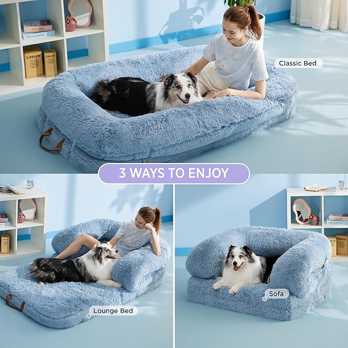 LE SURE Foldable Human Dog Bed - 3 in 1 Flexible Giant Human Dog Bed for Adult People with Supportive Bolster Egg Foam, Waterproof Liner, Calming Fluffy Faux Fur Orthopedic Big Bean Bed, Baby Blue