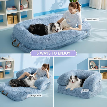 LE SURE Foldable Human Dog Bed - 3 in 1 Flexible Giant Human Dog Bed for Adult People with Supportive Bolster Egg Foam, Waterproof Liner, Calming Fluffy Faux Fur Orthopedic Big Bean Bed, Baby Blue