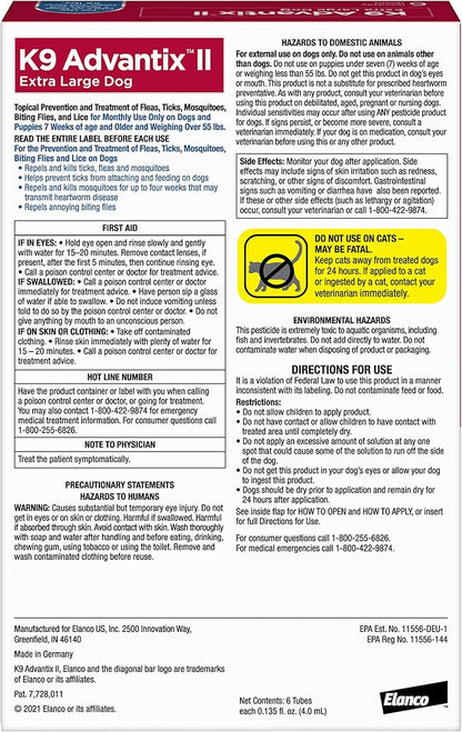 K9 Advantix II XL Dog Vet-Recommended Flea, Tick & Mosquito Treatment & Prevention | Dogs Over 55 lbs. | 6-Mo Supply