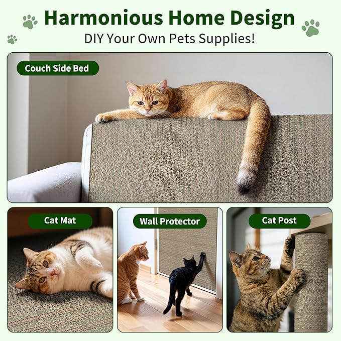 Natural Cork Cat Scratcher Mat, Hook-and-Loop Trimmable Furniture Protector for Couch, Door, Wall & Bed Corner, Claw-Friendly for Indoor Cats (Catnip Green, 39.4 x 11.8 Inch)