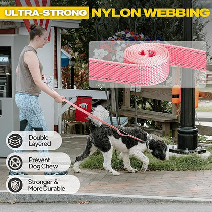 Fida 10ft Heavy Duty Dog Leash with 2 Comfortable Padded Handles, Traffic Handle & Advanced Easy Snap Hook, Reflective Walking Lead for Large, Medium & Small Breed Dogs, Pink
