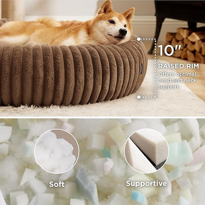Bedsure ComfyFleece Donut Large Dog Bed - Washable Faux Fur with Corduroy Fleece & Anti Slip Bottom, Round Pet Bed with Removable Cover, Camel Brown, 36x36x8 inches