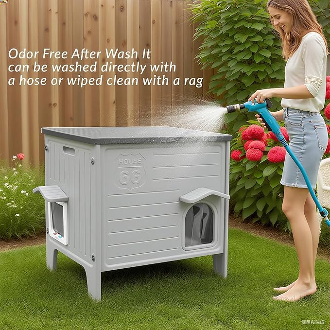 Weatherproof Outdoor Insulated Cat House for Feral Cat, Plastic Elevated Cat Shelter with Escape Door, Easy Assemble, Expansive Interior‌ Grey 27.0" L x 27.0" W x 21.0" H