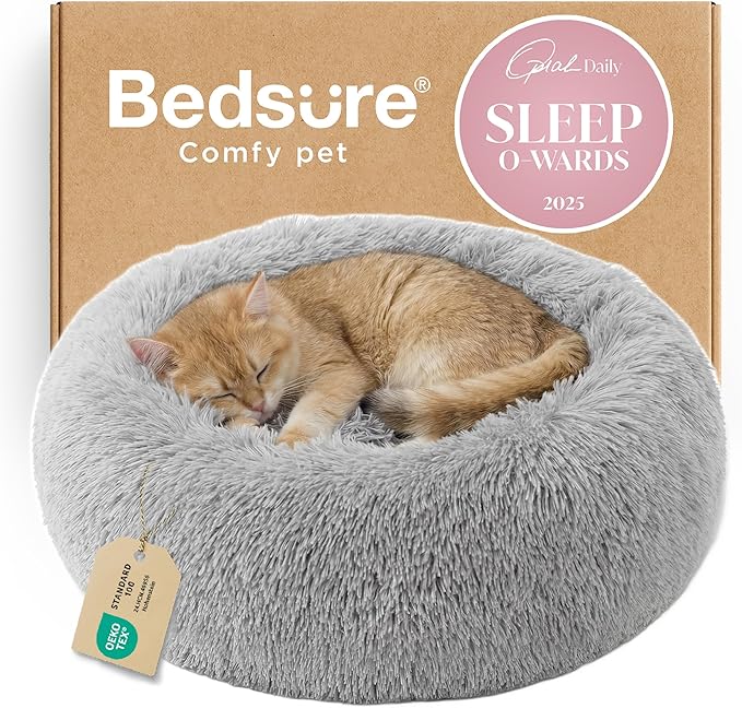Bedsure Calming Cat Beds for Indoor Cats - Small Cat Bed Washable 20 inches, Anti-Slip Round Fluffy Plush Faux Fur Pet Bed, Fits up to 15 lbs Pets, Pale Grey