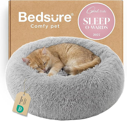 Bedsure Calming Cat Beds for Indoor Cats - Small Cat Bed Washable 20 inches, Anti-Slip Round Fluffy Plush Faux Fur Pet Bed, Fits up to 15 lbs Pets, Pale Grey