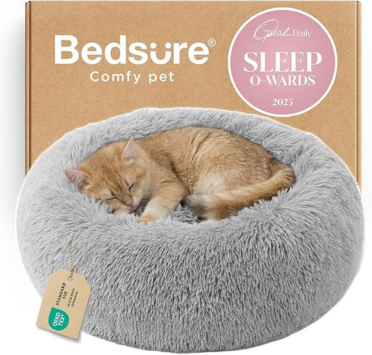 Bedsure Calming Cat Beds for Indoor Cats - Small Cat Bed Washable 20 inches, Anti-Slip Round Fluffy Plush Faux Fur Pet Bed, Fits up to 15 lbs Pets, Pale Grey