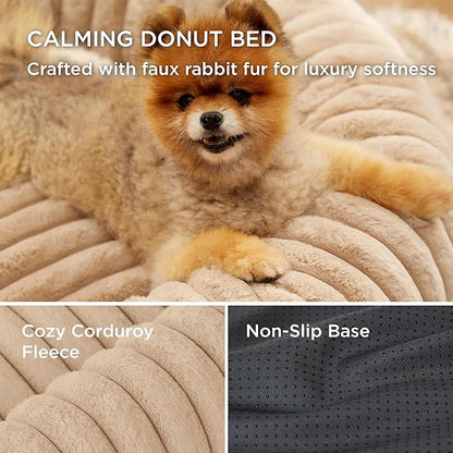 Bedsure ComfyFleece Cat beds for Indoor Cats - Donut Dog Beds for Small Dogs with Corduroy Fleece & Anti Slip Bottom, Faux Fur Pet Beds with Washable Removable Cover, Sandy Beige, 20x20x6 inches
