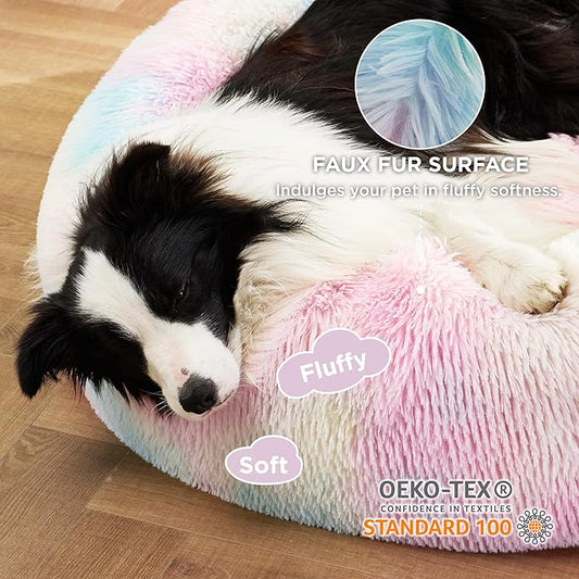 Bedsure Calming Dog Bed for Large Dogs - Donut Washable Large Pet Bed, Anti-Slip Round Fluffy Plush Faux Fur Dog Bed, Fits up to 80 lbs Pets, Multi-Colored, 36 inches