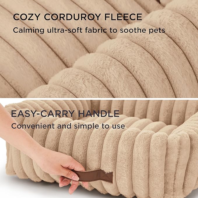 Bedsure ComfyFleece Washable Dog Bed for Medium Dogs - Cute Furry Puppy Beds, Rectangle Orthopedic Corduroy Fleece Pet Beds with Removable Zipper Cover, 43x30x8inches, Sandy Beige
