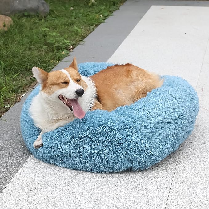Calming Donut Dogs Beds for Small Dogs Washable,28inch Plush Round Pet Bed for Cozy Sleep,Fluffy Faux Fur Large Cat Bed,Fits up to 30 lbs Pets,Washed Blue
