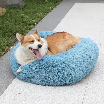 Calming Donut Dogs Beds for Small Dogs Washable,28inch Plush Round Pet Bed for Cozy Sleep,Fluffy Faux Fur Large Cat Bed,Fits up to 30 lbs Pets,Washed Blue