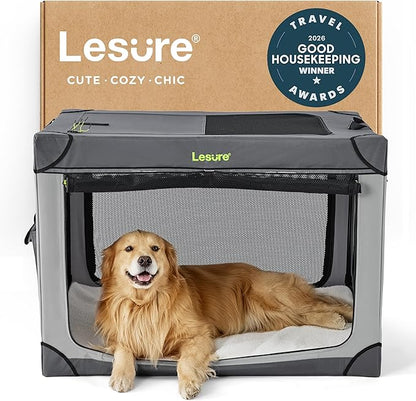 Lesure Shown on TODAY Show Soft Collapsible Dog Crate - 42 Inch Portable Travel Crate for Extra Large Dogs Indoor & Outdoor, 4-Door Foldable Pet Kennel with Mesh Windows, Grey