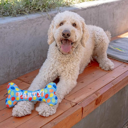 Huxley & Kent Funny Dog Toy w/Squeaker – Birthday Power Plush Squeaky Dog Toys for Small, Medium & Large Dogs – Soft Stuffed Animal for Indoor Play & Fetch - Party Time Blue Bone, Large