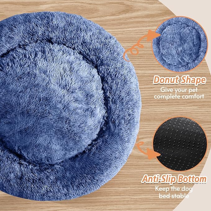JOLLYVOGUE Calming Dog Bed Medium Size Dog, Anti-Anxiety Donut Medium Pet Bed, 31 inches Fluffy Faux Fur Round Cat Bed, Fits up to 45 lbs Pets (Navy Blue)