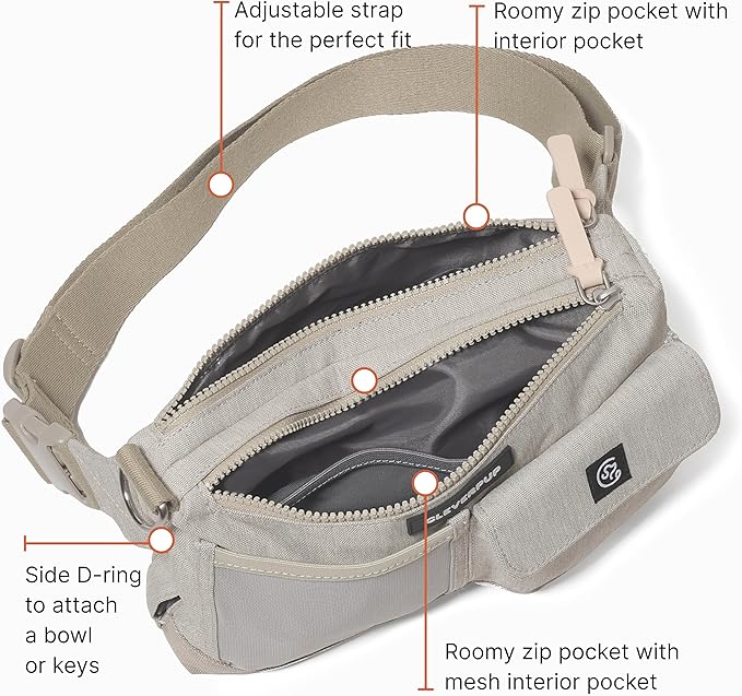 Cleverpup, Dog Walk & Train Sling Bag - Hands-Free 2-In-1 Treat Pouch, Poop Bag Holder, Clicker, Phone Pocket - Crossbody/Fanny Pack, Adjustable Strap - Sand