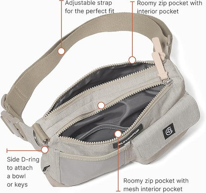 Cleverpup, Dog Walk & Train Sling Bag - Hands-Free 2-In-1 Treat Pouch, Poop Bag Holder, Clicker, Phone Pocket - Crossbody/Fanny Pack, Adjustable Strap - Sand