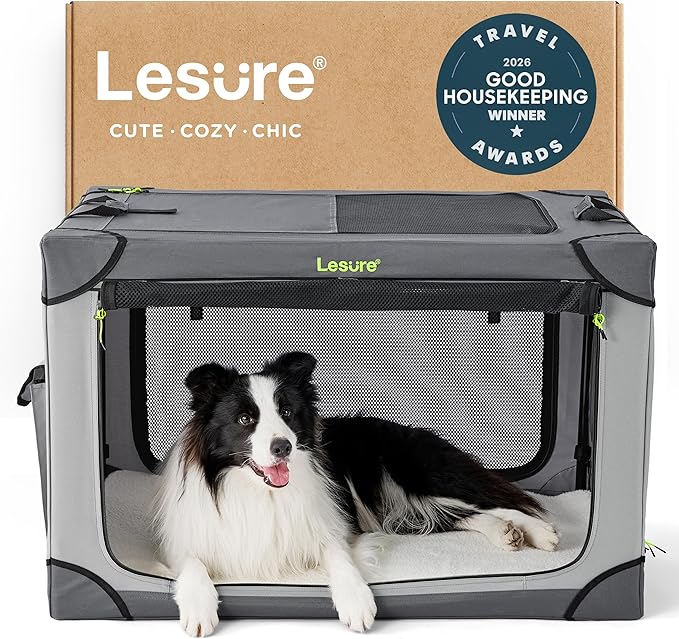 Lesure Shown on TODAY Show Soft Collapsible Dog Crate - 36 Inch Portable Travel Crate for Large Dogs Indoor & Outdoor, 4-Door Foldable Pet Kennel with Mesh Windows, Grey