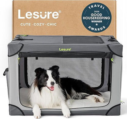 Lesure Shown on TODAY Show Soft Collapsible Dog Crate - 36 Inch Portable Travel Crate for Large Dogs Indoor & Outdoor, 4-Door Foldable Pet Kennel with Mesh Windows, Grey