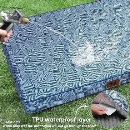 Tail Stories Outdoor Orthopedic Dog Bed for Extra Large Dogs, XL Waterproof Flat Pet Bed 44x32 Inch, Egg Crate Foam with Removable Washable Oxford Cooling Cover, White Blue