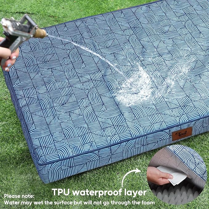 Tail Stories Outdoor Extra Large Dog Crate Bed, XXL Waterproof Dog Bed for Giant Breeds Dogs, 47x29 Inch Orthopedic Egg Crate Foam Pet Mat with Removable Cooling Cover, White Blue