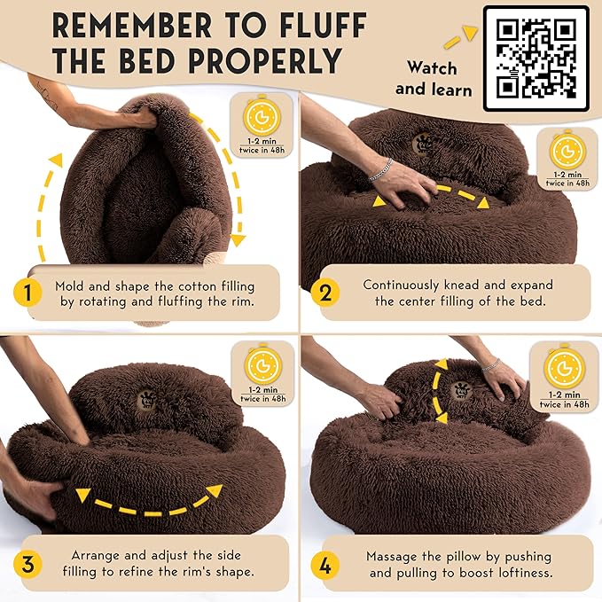 PetJett Calming Dog Bed for Small Dogs – 23" Donut Dog Beds, Anti-Slip & Washable Fluffy Plush Faux Fur Pet Bed, Anti-Anxiety Premium Comfort Round Puppy Bed, Fits Dogs up to 25 lbs – Brown