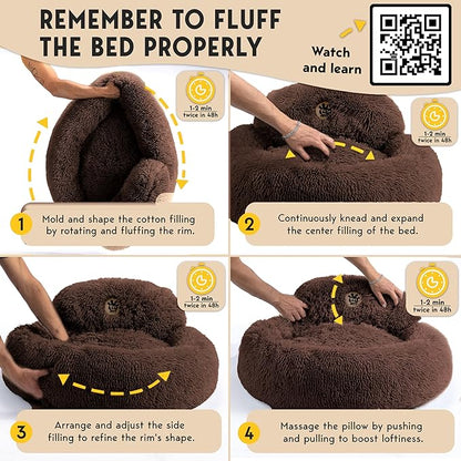 PetJett Calming Dog Bed for Small Dogs – 23" Donut Dog Beds, Anti-Slip & Washable Fluffy Plush Faux Fur Pet Bed, Anti-Anxiety Premium Comfort Round Puppy Bed, Fits Dogs up to 25 lbs – Brown