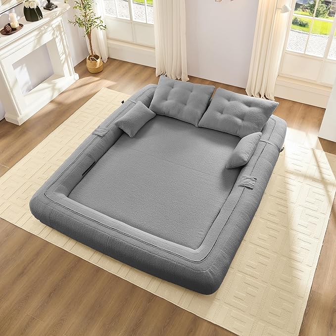 KEIKI 78.7" Foldable Human Dog Bed, 3-in-1 Multi-Functional Sleeper Sofa Bed, Teddy Fabric Foam-Filled Convertible Floor Couch for Living Room, Guest Room, Playroom, Grey