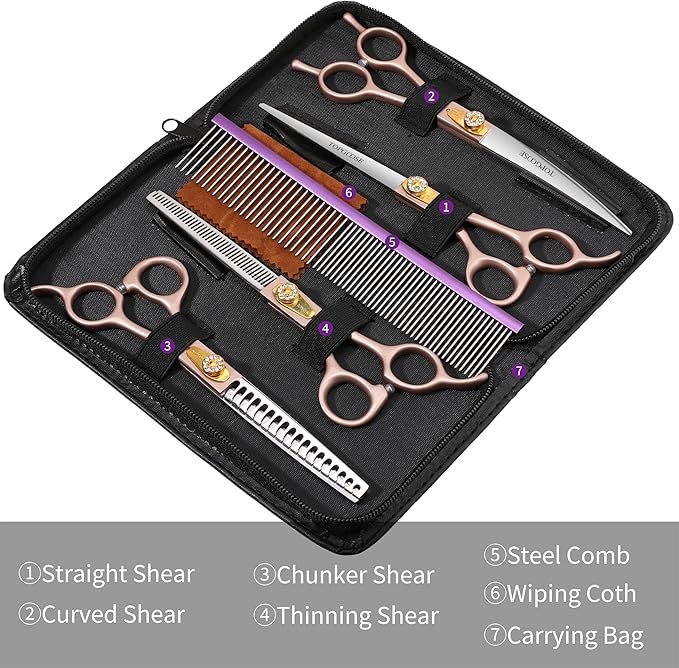 TOPGOOSE 7.5‘’ Professional Dog Grooming Scissors Set 440C Stainless Steel Straight Thinning Curved Chunker Shears 4PCS Set for Pet Grooming Services Dogs and Cats (Rose Gold, Set)