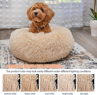 Calming Donut Dogs Beds for Small Dogs Washable,19inch Fluffy Round Puppy Bed for Puppies,Cats & Toy Breeds with Raised Rim,Fits up to 15 lbs Pets,Beige