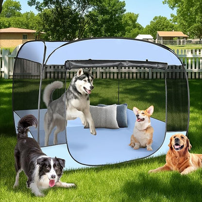 EighteenTek® XLarge Popup Portable Dog Houses 5.3'x4'H Assembly-Free Gazebo-Style Dog Cot Cat Playpen Screen Pet Tent Sun Shade Shelter Dog Bed with Canopy for Outdoor, Anti-Bugs with Leakproof Bottom
