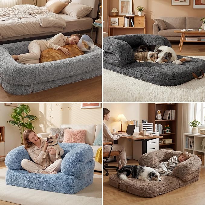 LE SURE Foldable Human Dog Bed - 3 in 1 Flexible Giant Human Dog Bed for Adult People with Supportive Bolster Egg Foam, Waterproof Liner, Calming Fluffy Faux Fur Orthopedic Big Bean Bed, Taupe