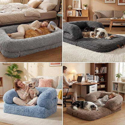 LE SURE Foldable Human Dog Bed - 3 in 1 Flexible Giant Human Dog Bed for Adult People with Supportive Bolster Egg Foam, Waterproof Liner, Calming Fluffy Faux Fur Orthopedic Big Bean Bed, Charcoal