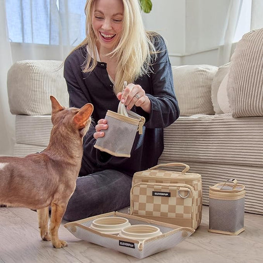 Cleverpup, Small 7-Piece Bistro Box Dog Food Travel Kit, 6-Cup Kibble Storage, 2 Silicone Bowls, Mat & Scoop - Premium Portable Pet Food Kit for Weekends, Overnights, Daycare & Camping, Checkerboard