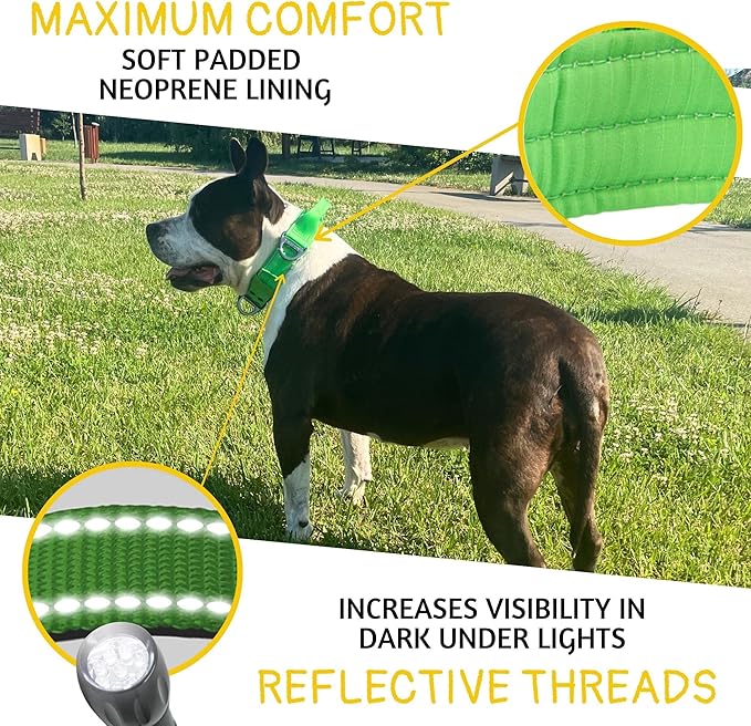 ADITYNA Heavy Duty Dog Collar for Extra-Large Dogs - Reflective Green Collar with Handle for Training, and Walking - Wide, Thick, Tactical, Soft Neoprene Padded