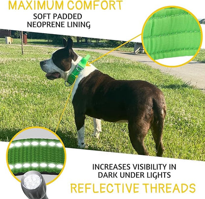 ADITYNA Heavy Duty Dog Collar for Extra-Large Dogs - Reflective Green Collar with Handle for Training, and Walking - Wide, Thick, Tactical, Soft Neoprene Padded