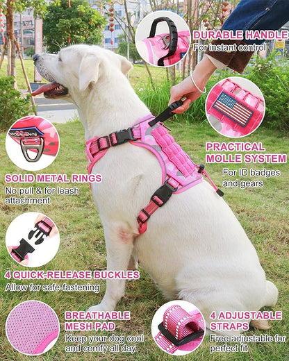 Hotsky Tactical Dog Harness No Pull，Adjustable Service Dog Vest Reflective Military Pet Harness with Control Handle Molle Loop Panels for Training Walking Running(Pink Camo, XL)
