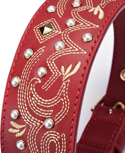 Blueberry Pet Western Leather Dog Collar - Genuine Leather with Floral Embroidery & Pearl Studs, Adjustable 18-22 Inch Neck for Large Dogs, Comfortable and Stylish Pet Collar
