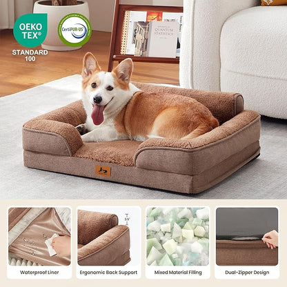Warmrest Orthopedic Dog Beds for Medium Size Dogs, Waterproof Egg-Crate Foam Pet Couch Bed with Soft Sides, Non-Slip Dog Sofa with Fleece Removable Washable Cover, 35" L Supportive Pet Sofa, Brown