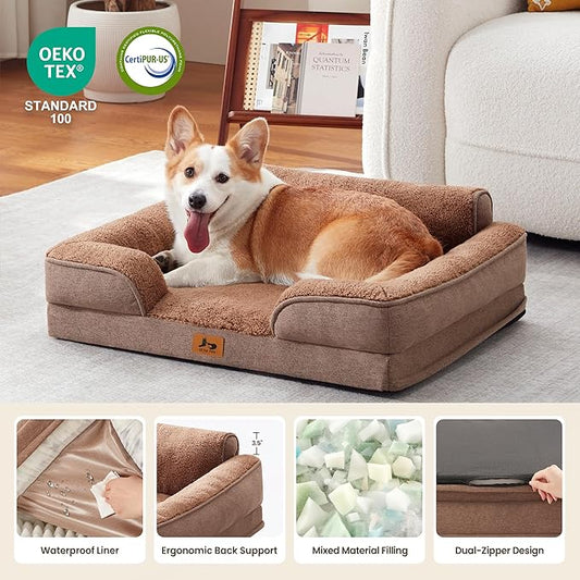 Warmrest Orthopedic Dog Beds for Medium Size Dogs, Waterproof Egg-Crate Foam Pet Couch Bed with Soft Sides, Non-Slip Dog Sofa with Fleece Removable Washable Cover, 35" L Supportive Pet Sofa, Brown