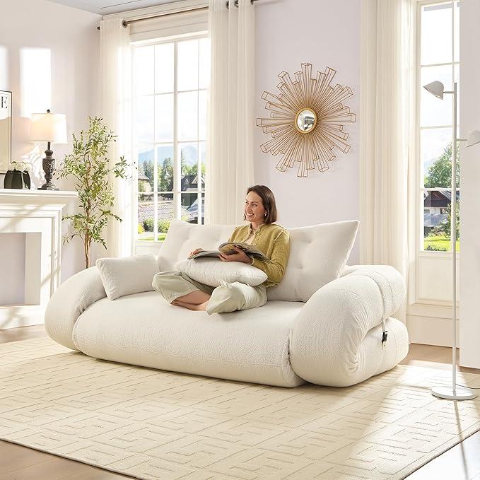 KEIKI 78.7" Foldable Human Dog Bed, 3-in-1 Multi-Functional Sofa Bed with Teddy Fabric & Foam Filling, Sleeper Sofa for Living Room, Guest Room, or Playroom, Beige